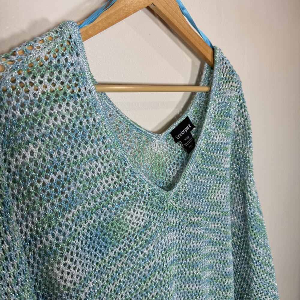 NWT Lane Bryant Women Sweater Blue Metallic Open Knit V Neck 18/20 Coastal Beach - Picture 2 of 8